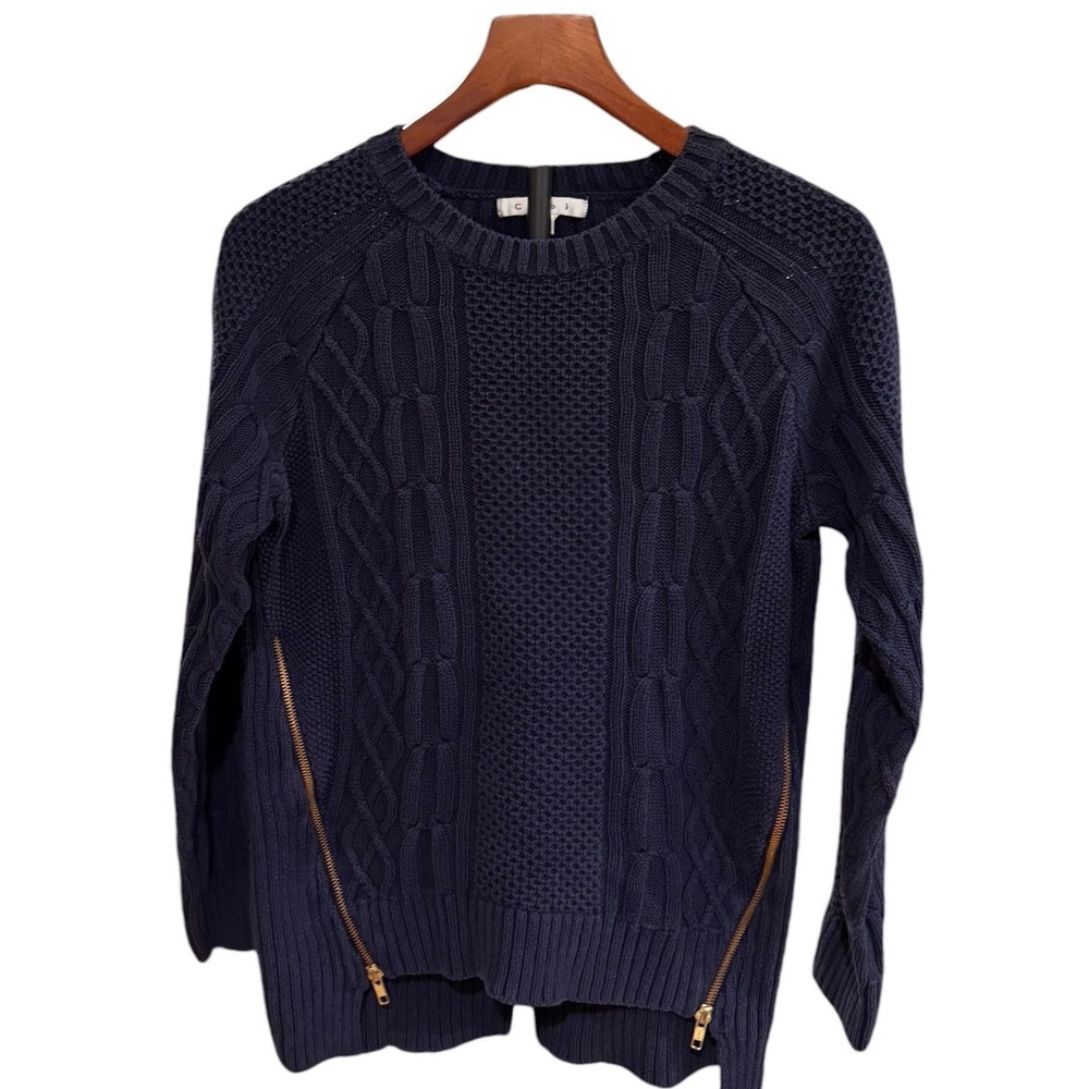 Cabi Navy Blue Cable‎ Knit Sweater Gold Side Zip Pullover Womens Medium 513